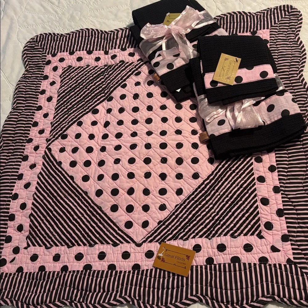 Pink & Black Polka Dot Table Square & Dish Towel Set by Great Finds NWT